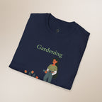 Navy blue t-shirt with 'Gardening' text and gardening-themed design on a beige background