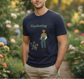 Man wearing a navy blue t-shirt with 'Gardening' and an illustration of a person holding a tool, standing in a garden.