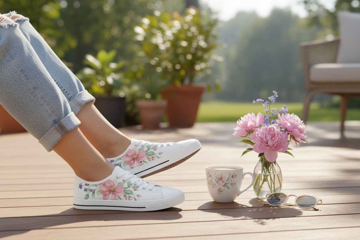 White sneaker with floral design on a beige background