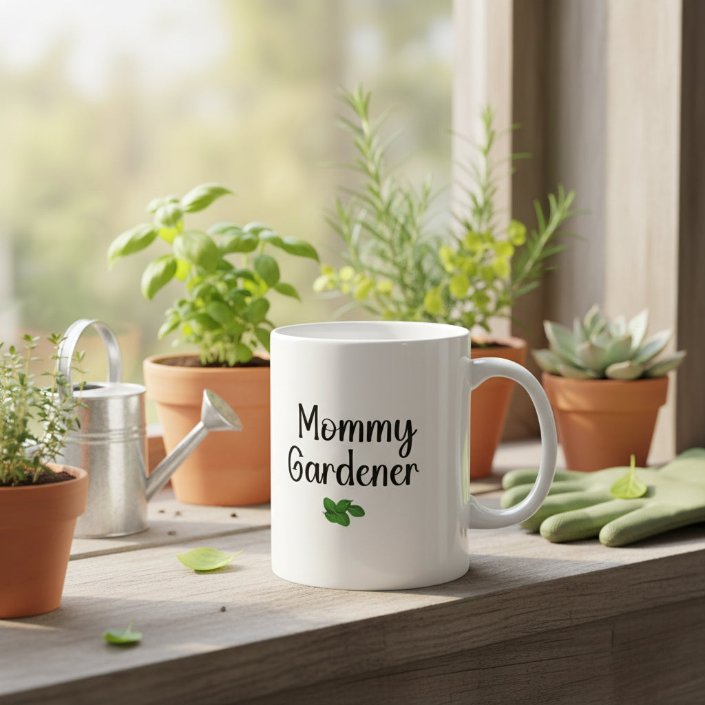 White mug with 'Mommy Gardener' text and a green leaf on a beige background