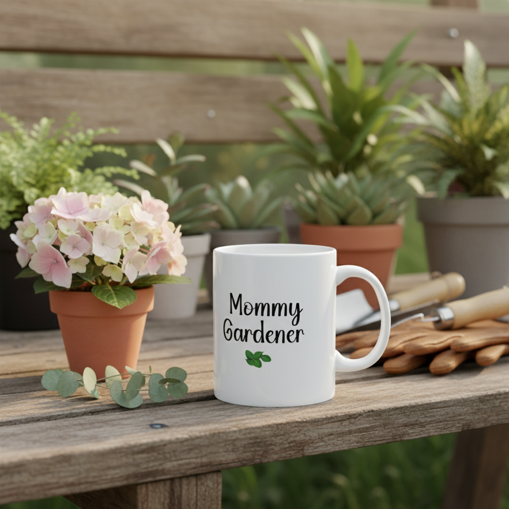 White mug with 'Mommy Gardener' text on a windowsill with plants and a book.