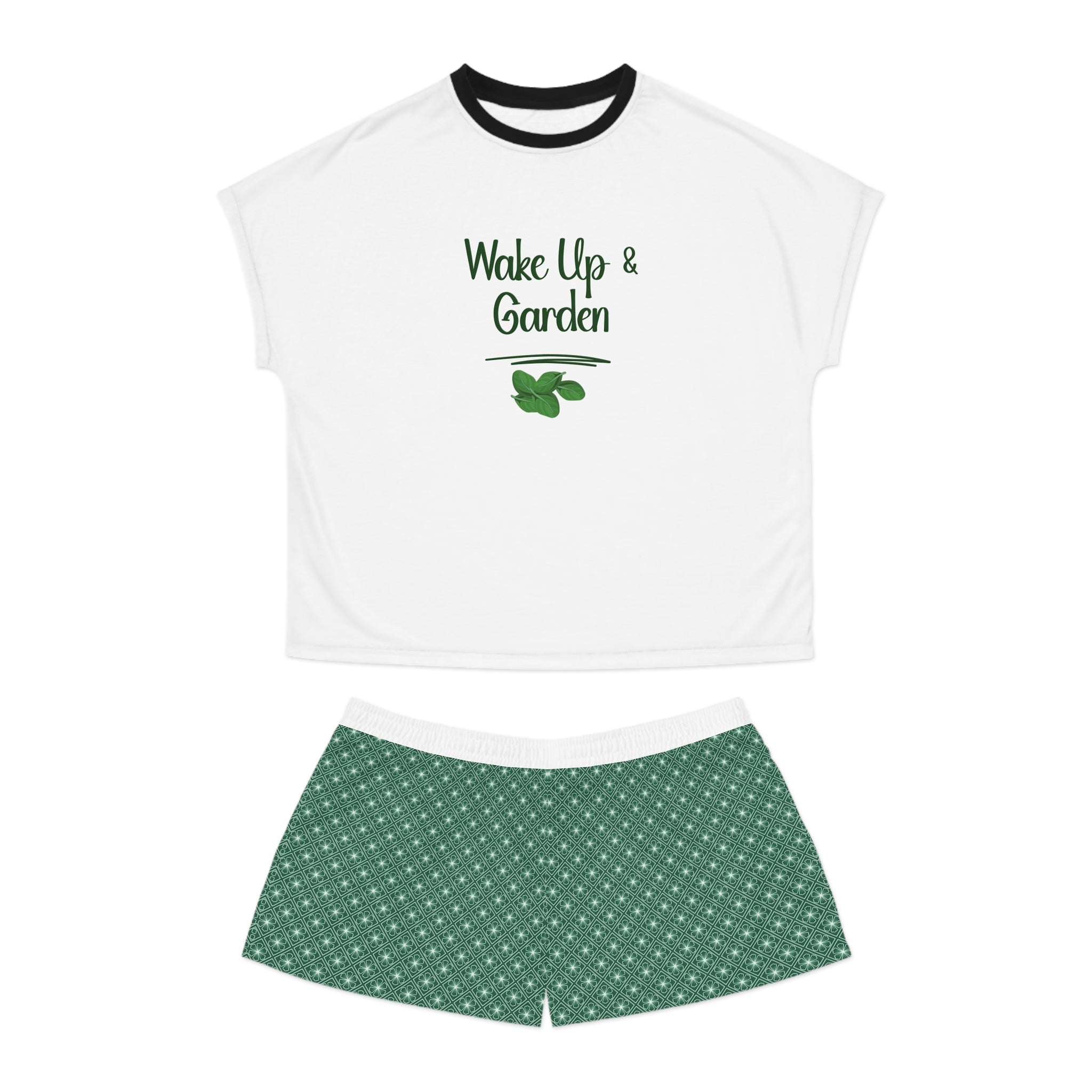 White t-shirt with 'Wake Up & Garden' text and green shorts on a white background