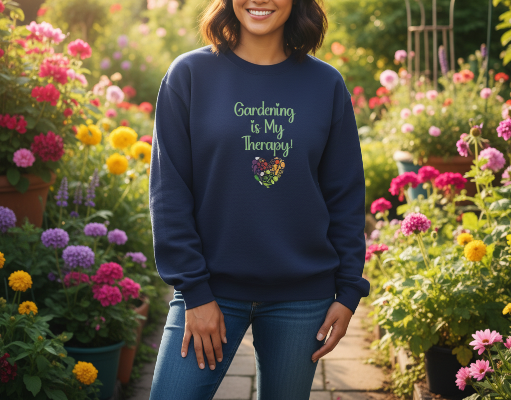 Person wearing a navy blue sweatshirt with 'Gardening is My Therapy!' text in a garden setting