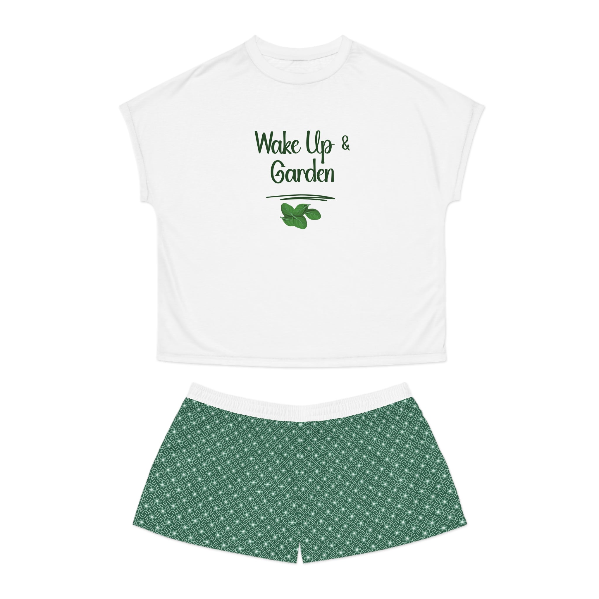 White t-shirt with 'Wake Up & Garden' text and green shorts on a white background