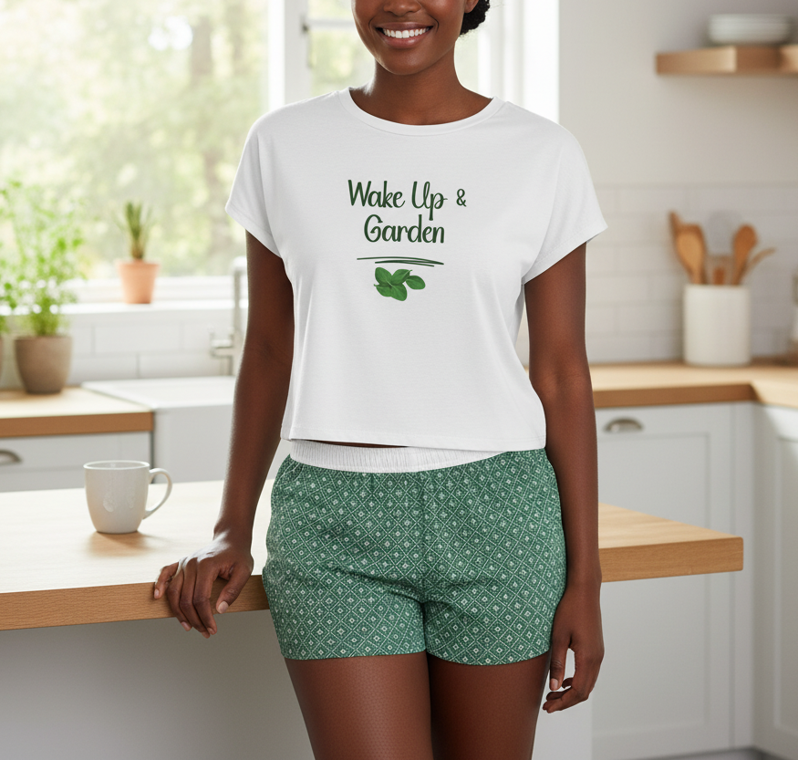 Woman wearing a white t-shirt with 'Wake Up & Garden' text in a kitchen.