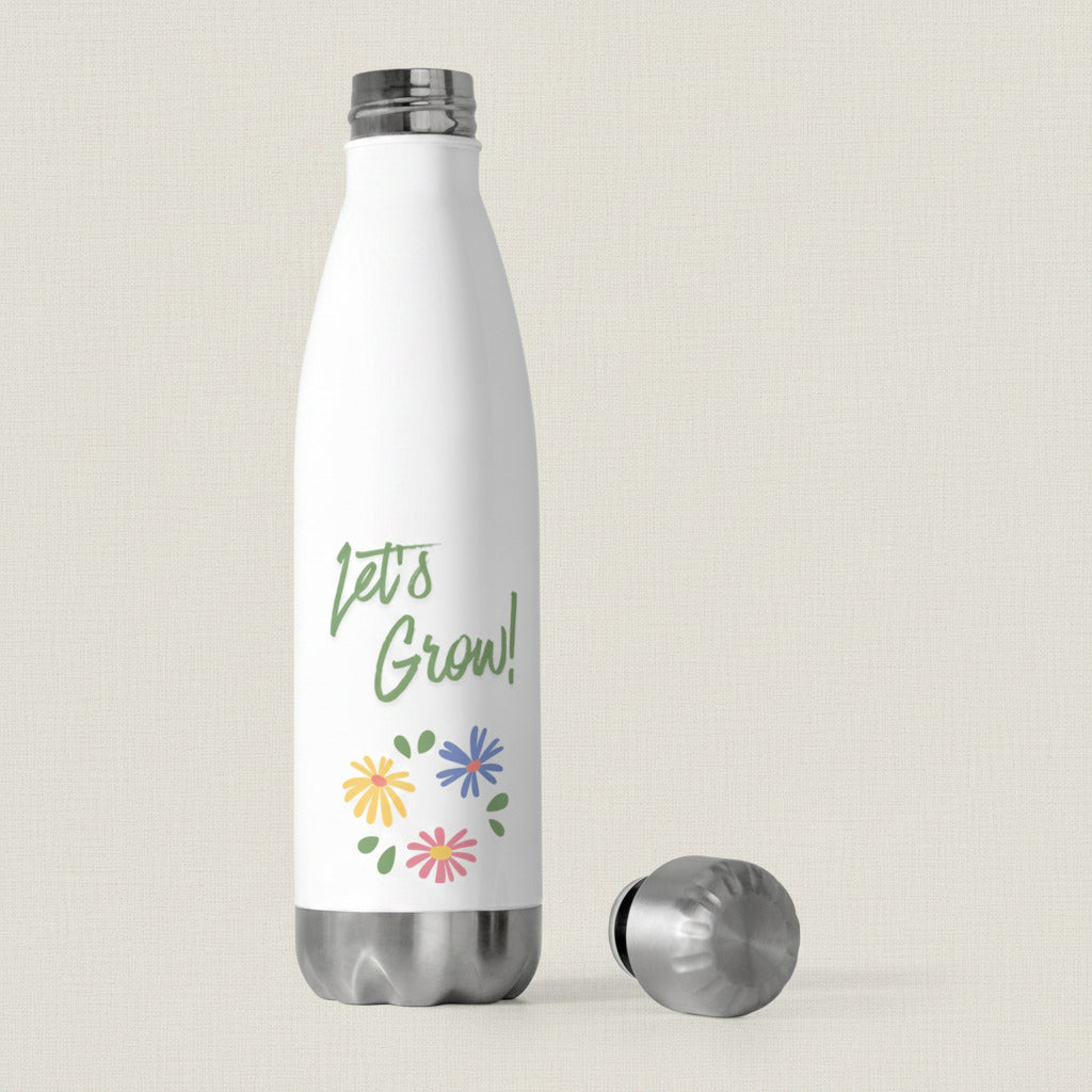 White water bottle with 'Let's Grow!' text and floral designs on a white background