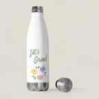 White water bottle with 'Let's Grow!' text and floral designs on a white background
