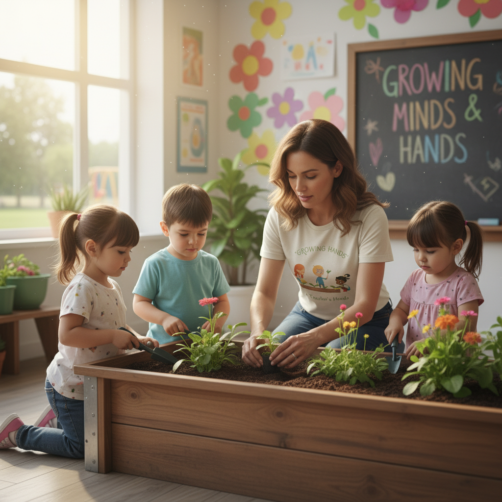 Teacher and students engaging in a gardening activity in a classroom setting.