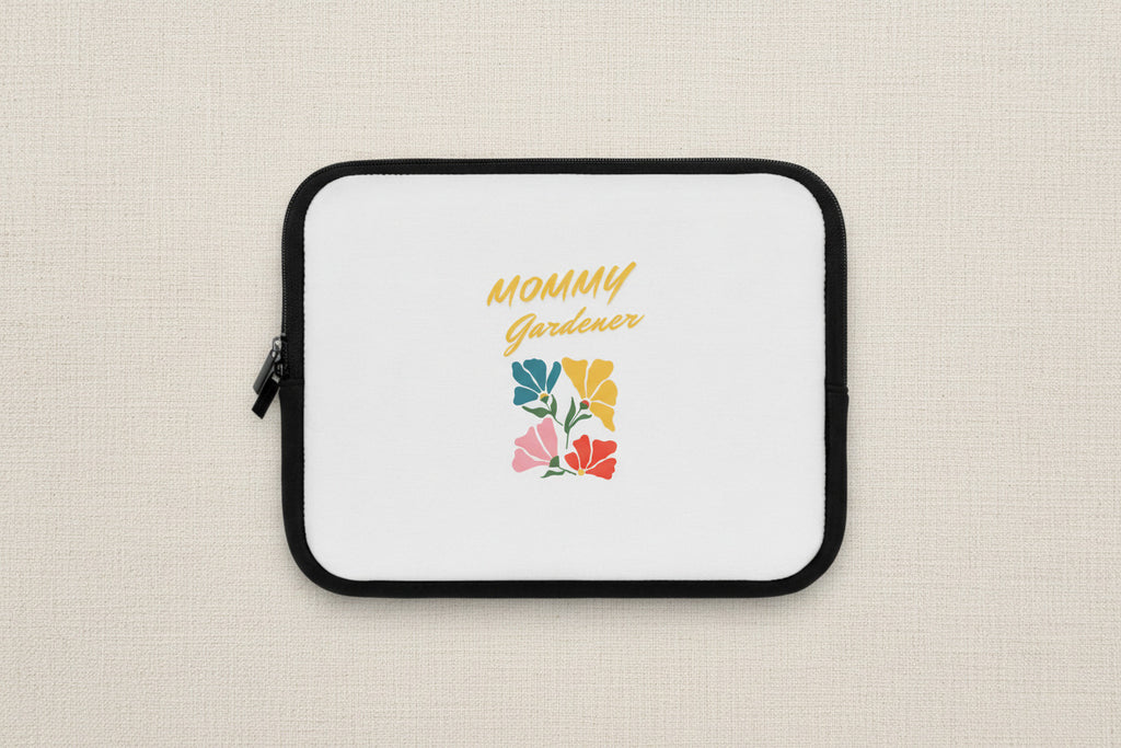 White pouch with colorful floral design and 'Mommy Gardener' text on a white background