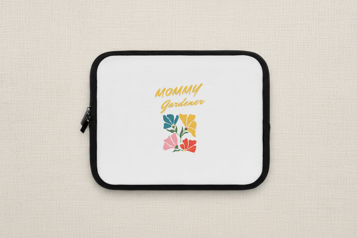 White pouch with colorful floral design and 'Mommy Gardener' text on a white background