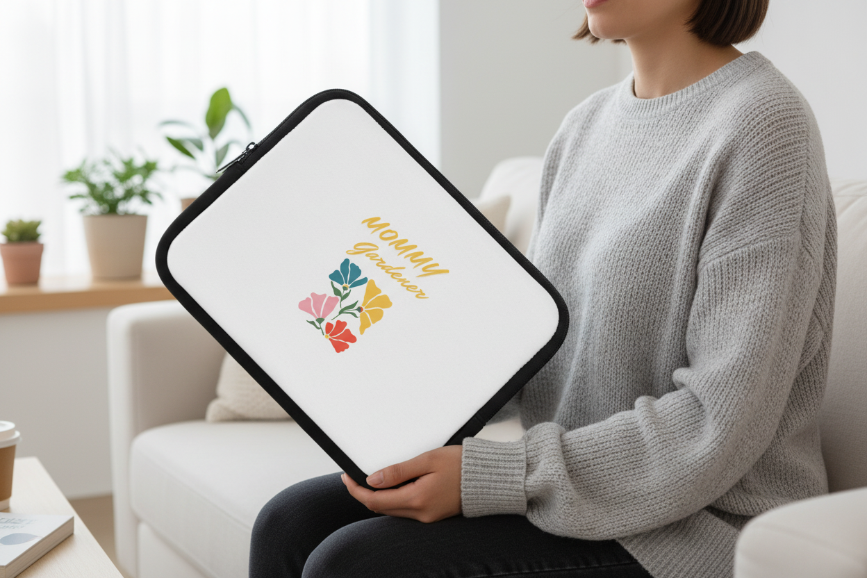 Person holding a laptop case with floral design and text in a home setting