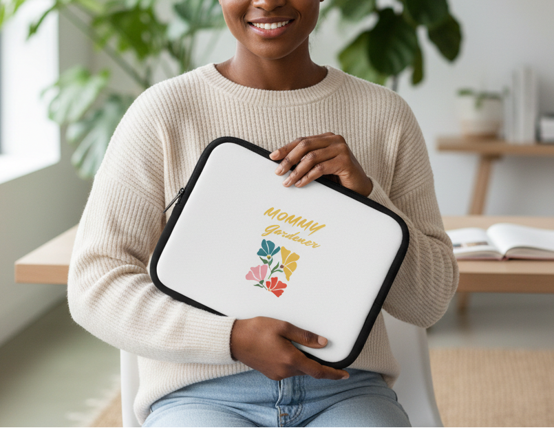 Person holding a white pouch with colorful design and text in a home setting
