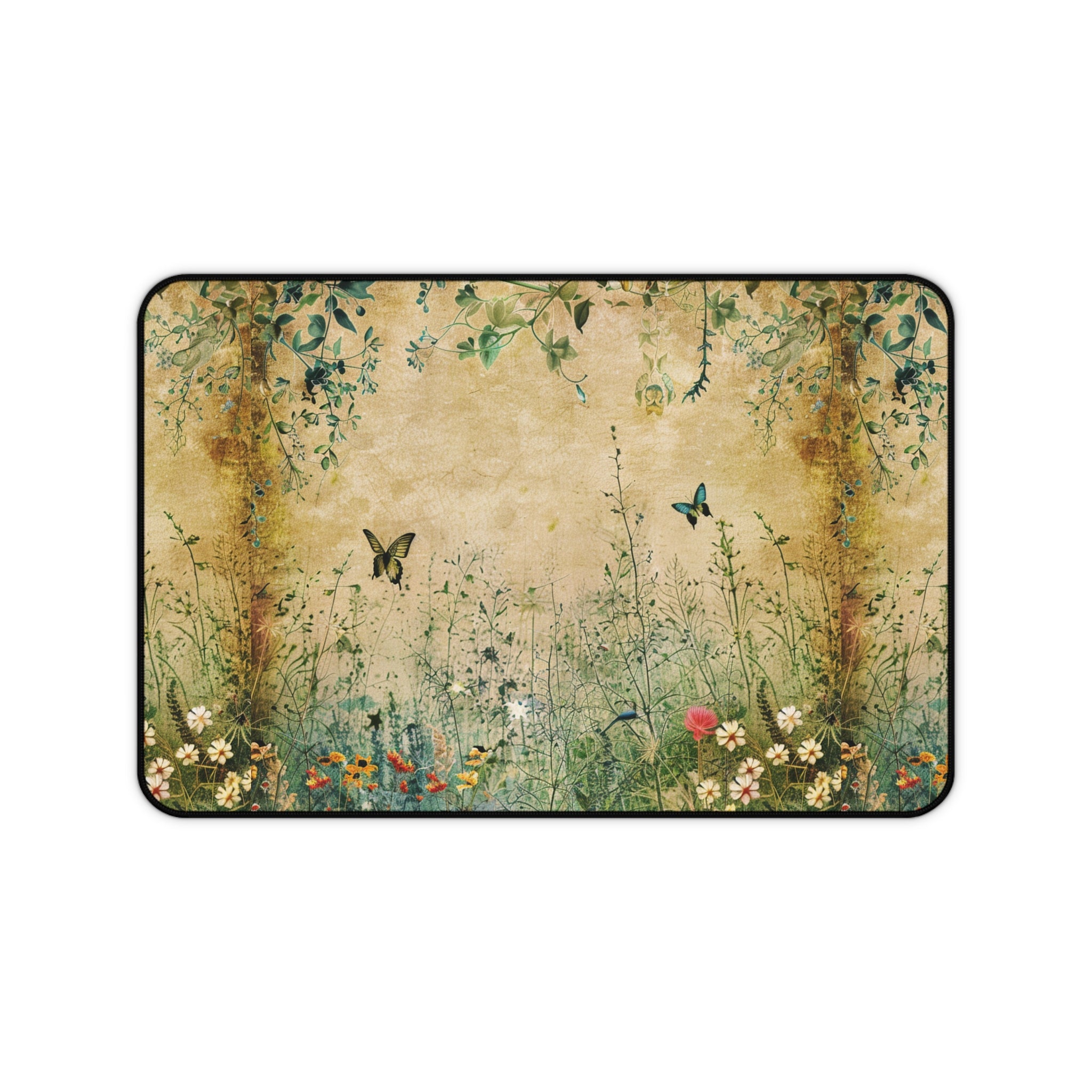 Decorative mat with floral and butterfly design on a textured background