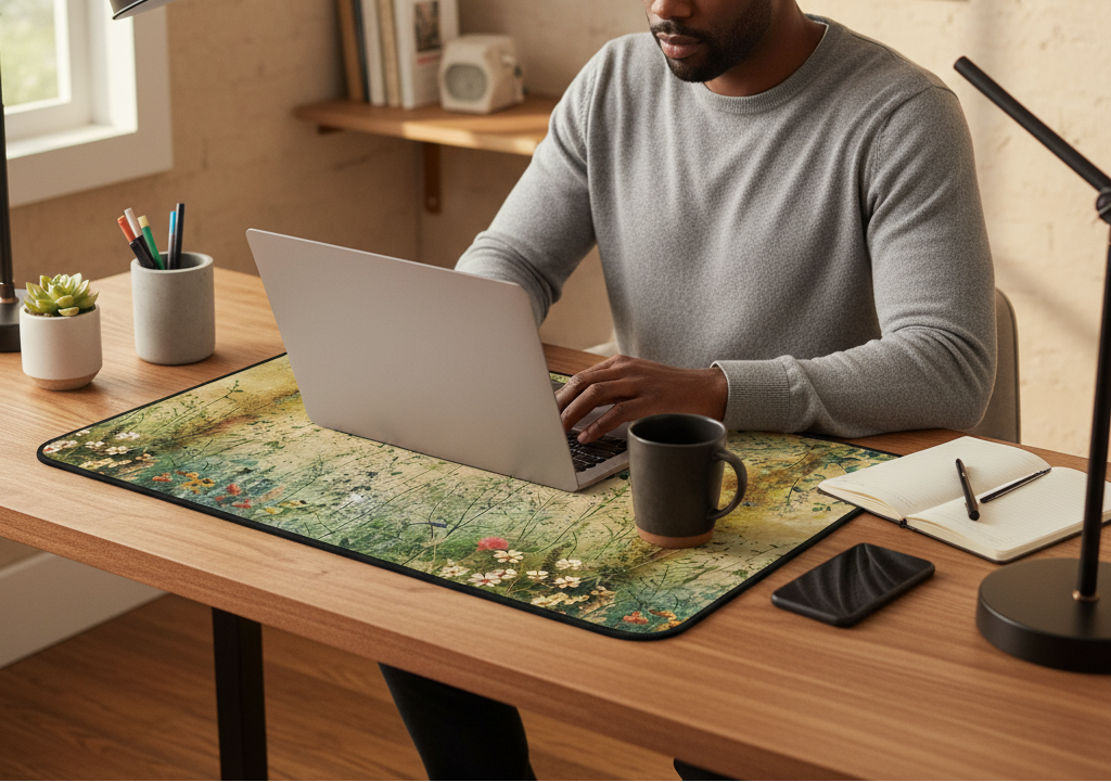Person using a laptop on a desk with a decorative mat
