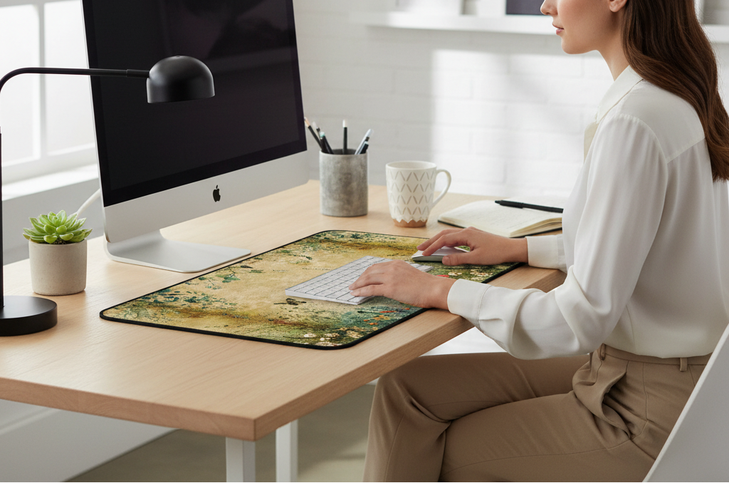 Person using a computer at a desk with a decorative mouse pad
