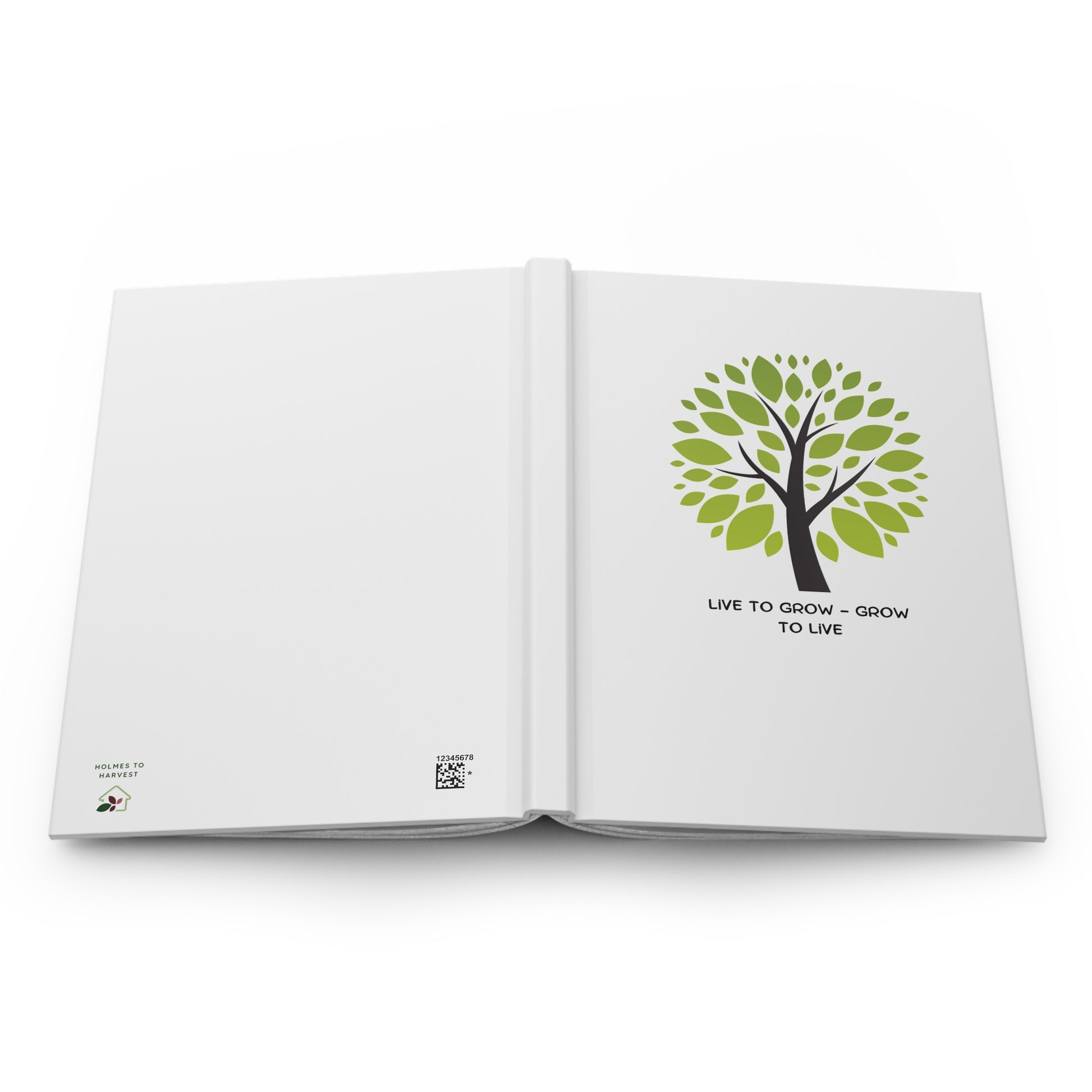 Open book with a green tree illustration and text on a white background