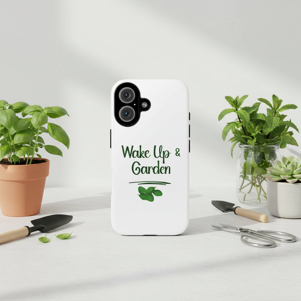 Phone case with 'Wake Up & Garden' text and leaf design on a white background