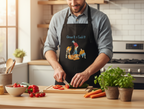 Man in a kitchen wearing an apron with a gardening design, preparing vegetables.