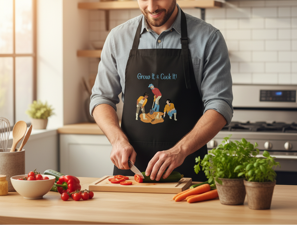 Man in a kitchen wearing an apron with a gardening design, preparing vegetables.
