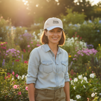 Woman wearing a cap in a garden with flowers