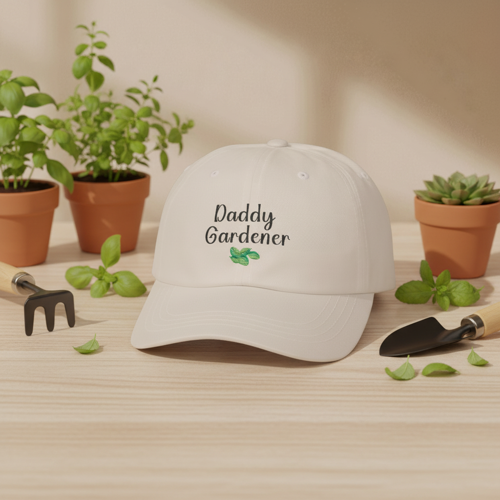White cap with 'Daddy Gardener' text on a table with gardening tools and plants.