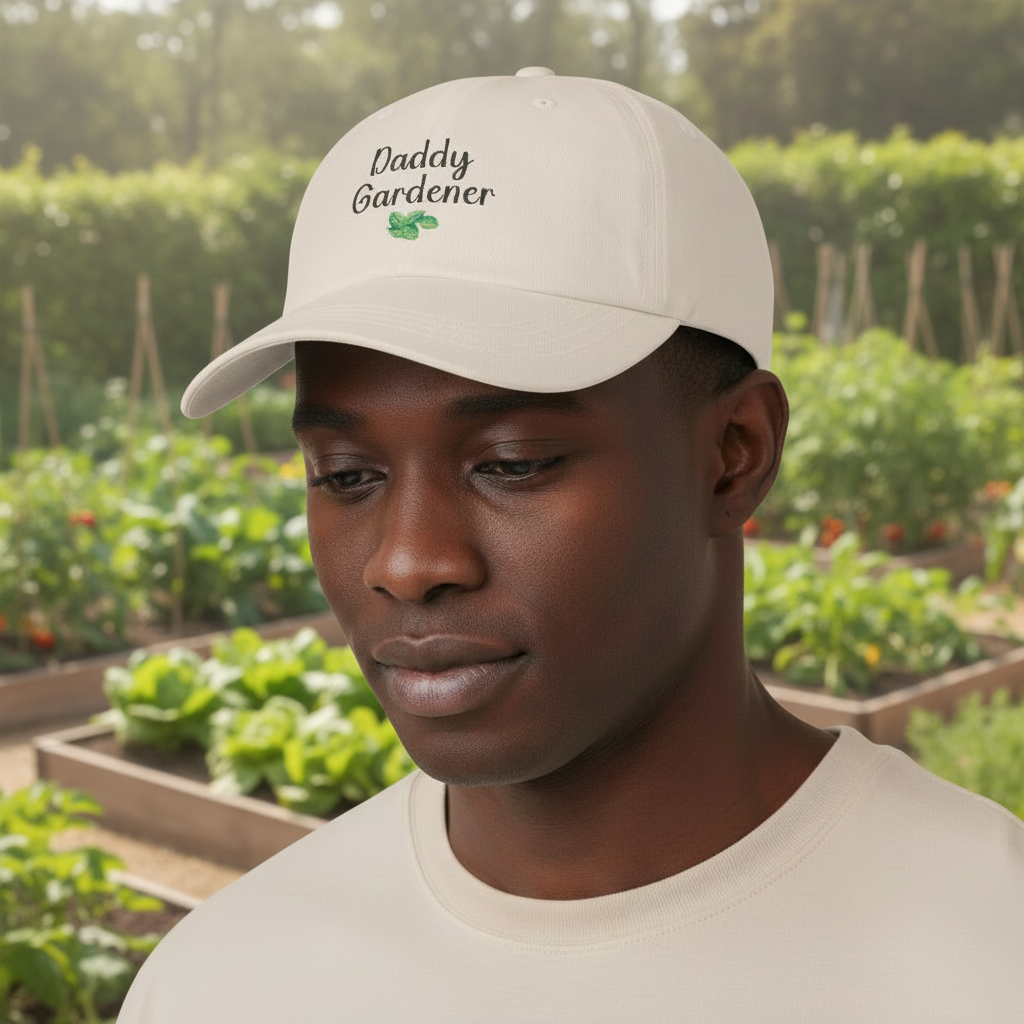 Person wearing a cap with 'Daddy Gardener' text in a garden setting