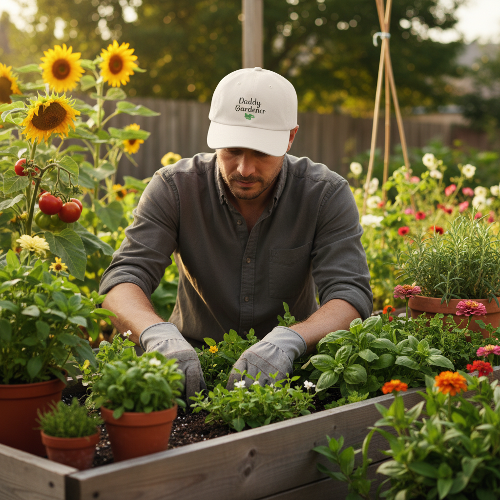 Man gardening in a community garden with sunflowers and other plants.
