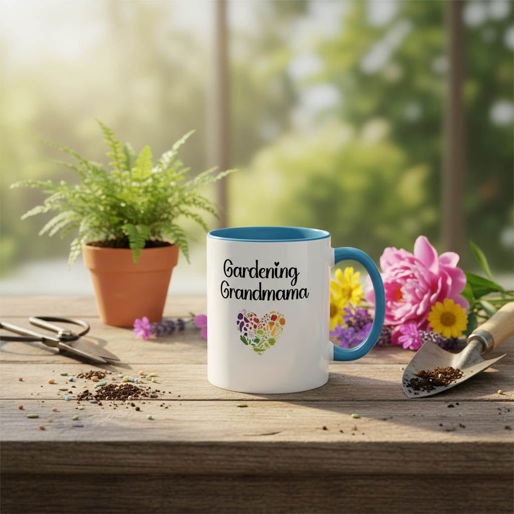 Mug with 'Gardening Grandma' text on a table with plants and flowers