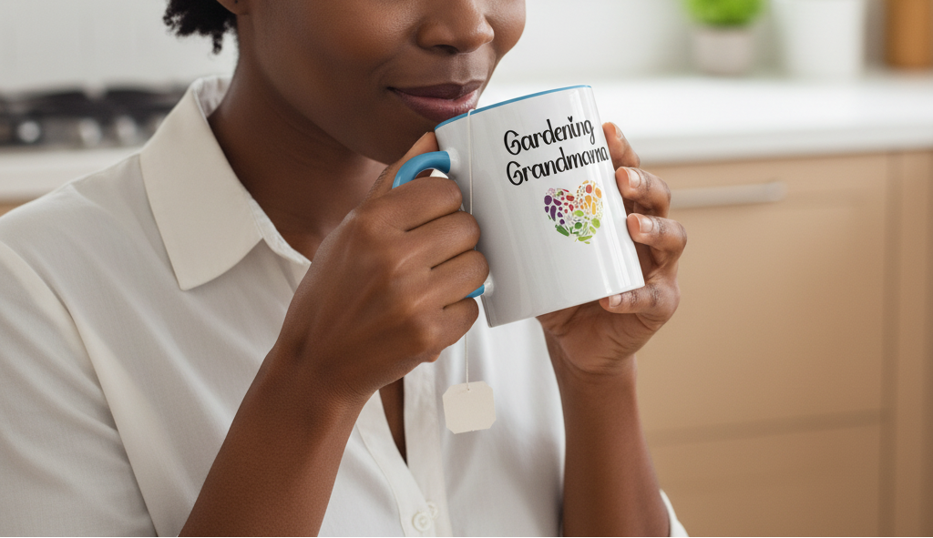 Person holding a mug with 'Gardening Grandma' text in a kitchen setting