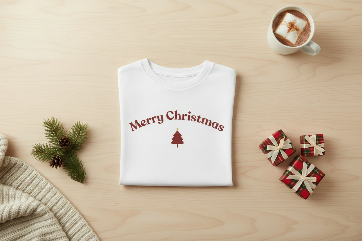 White sweatshirt with 'Merry Christmas' text on a wooden surface with a mug of hot chocolate, small gifts, and pine branches.