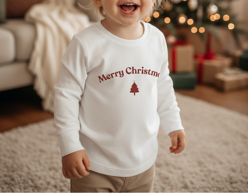 Child wearing a white long-sleeve shirt with 'Merry Christmas' text and tree graphic, standing in a festive room.