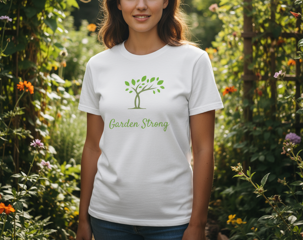 Person wearing a white t-shirt with 'Garden Strong' design in a garden setting