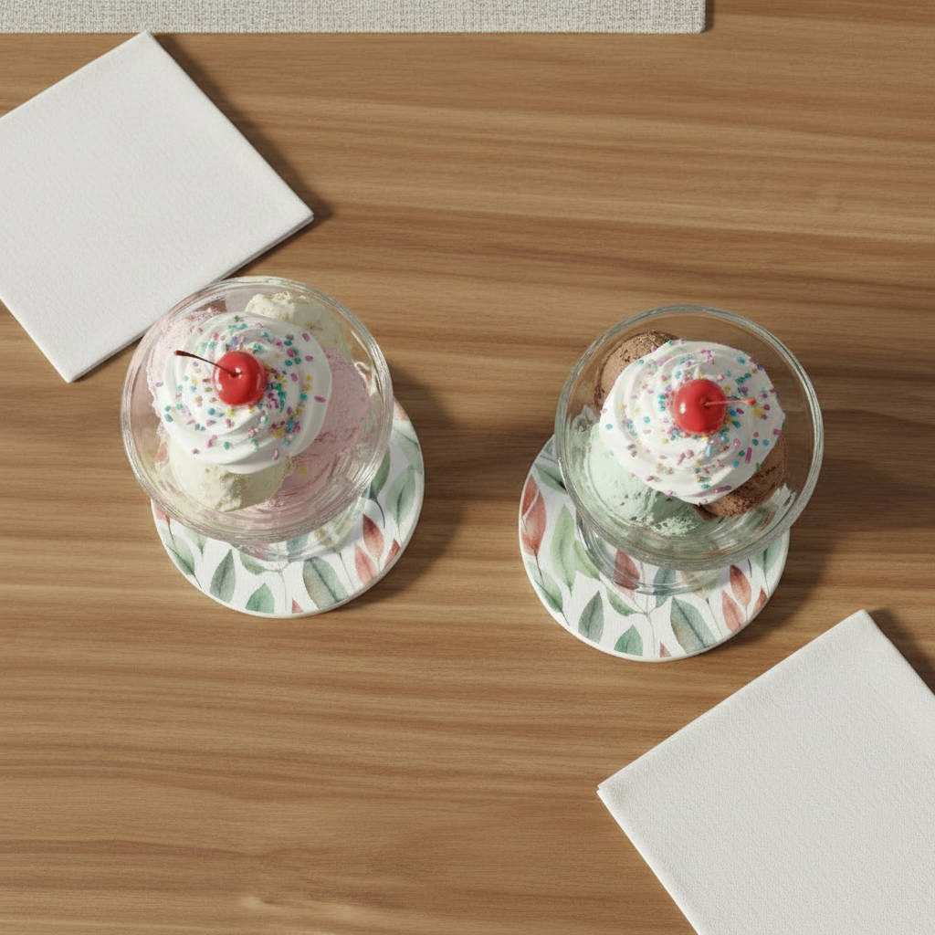 Two small desserts in glass cases on a wooden surface