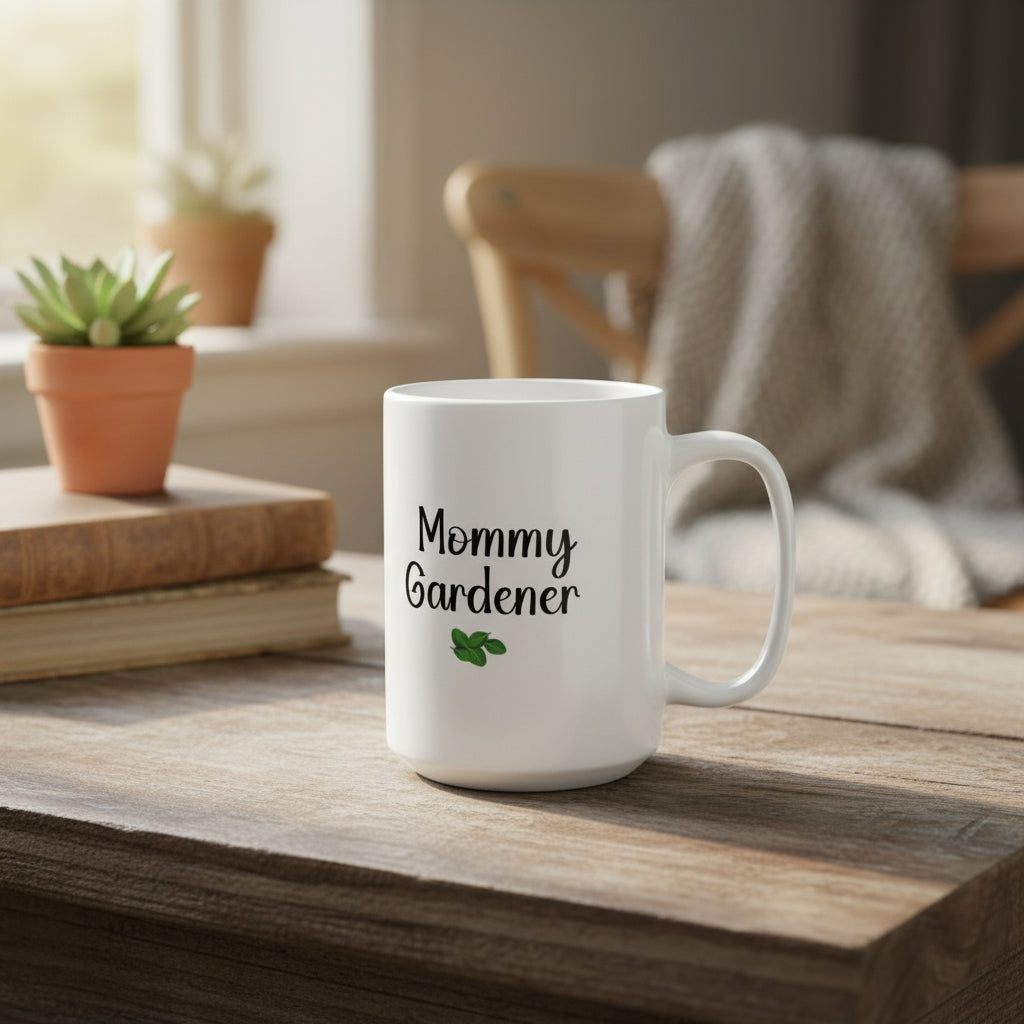White mug with 'Mommy Gardener' text on a beige background