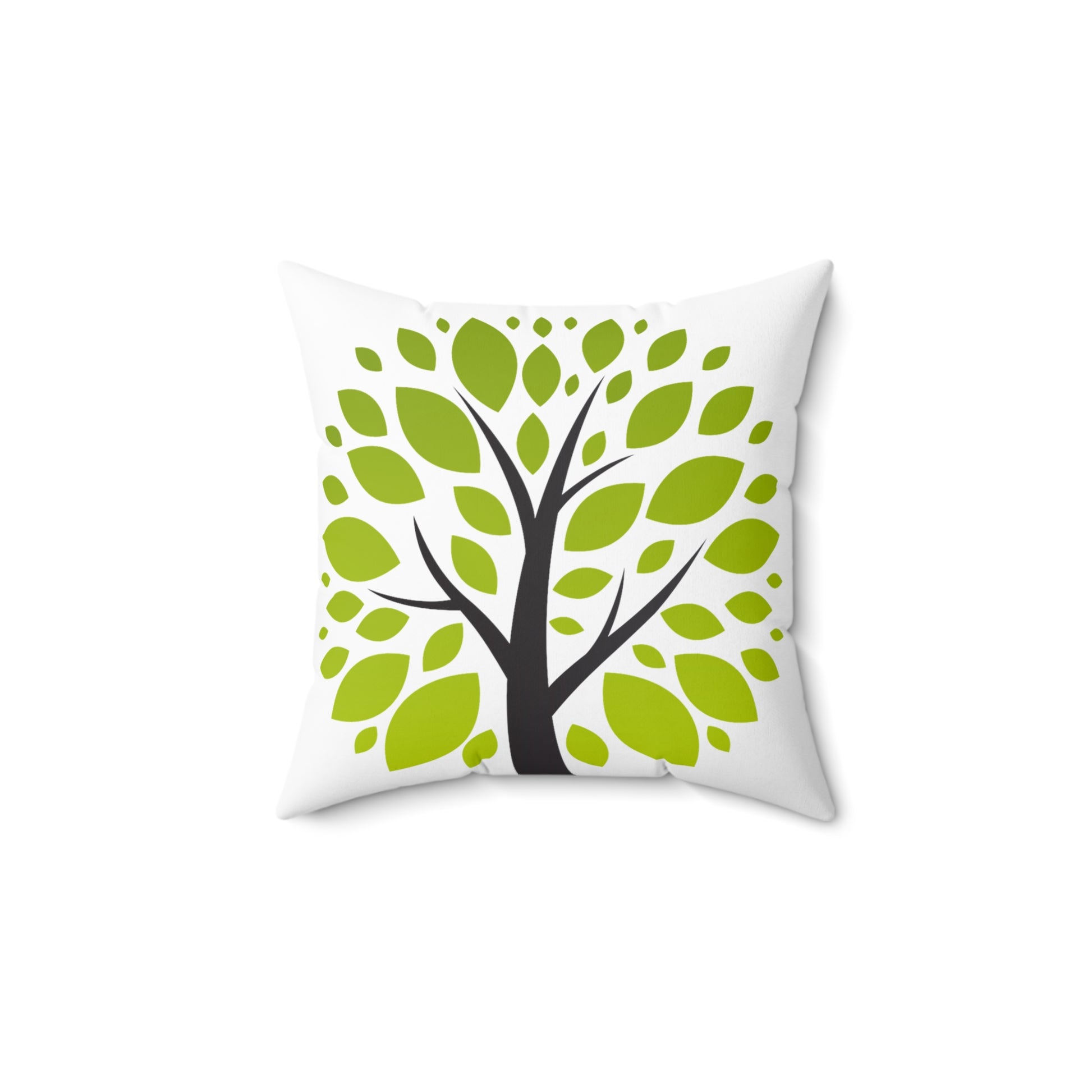 Decorative pillow with a tree design featuring green leaves on a white background