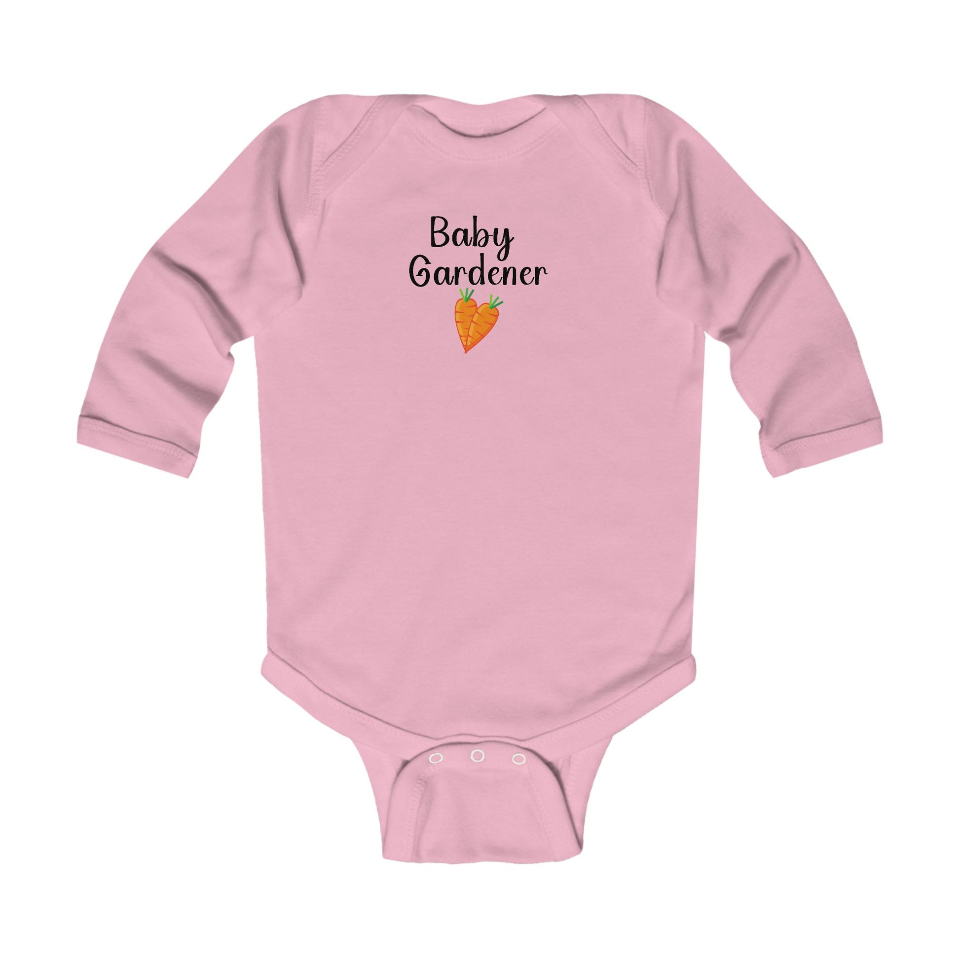 Pink baby onesie with 'Baby Gardener' text and carrot graphic on a white background