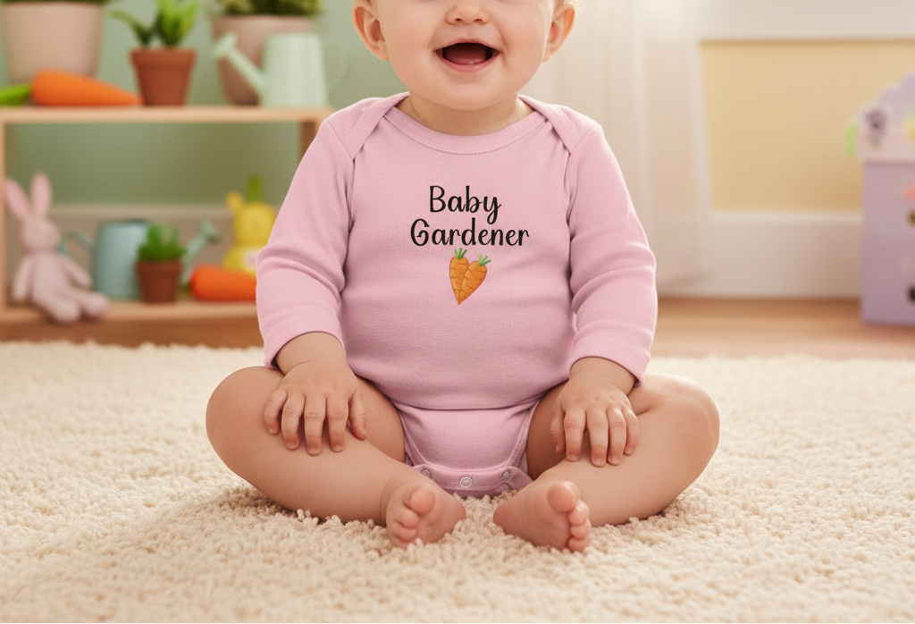 Baby wearing a pink 'Baby Gardener' onesie sitting on a carpeted floor in a room with plants and toys.