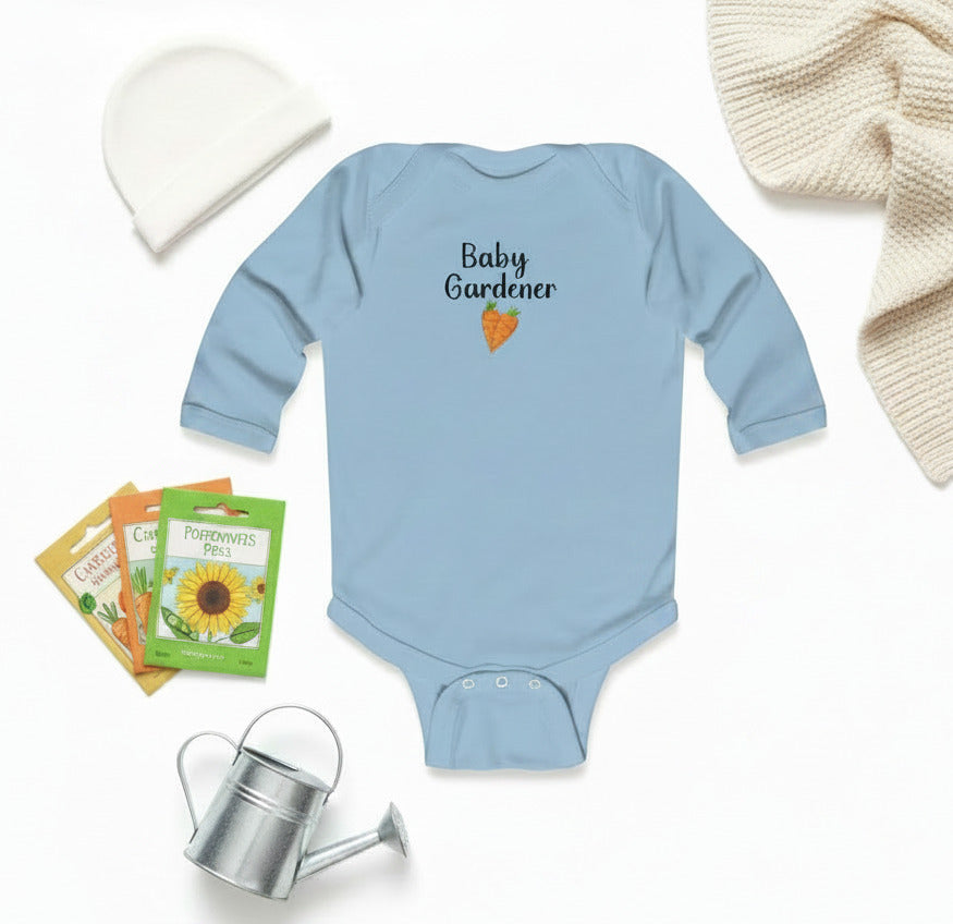Light blue baby onesie with 'Baby Gardener' text and carrot graphic on a white background