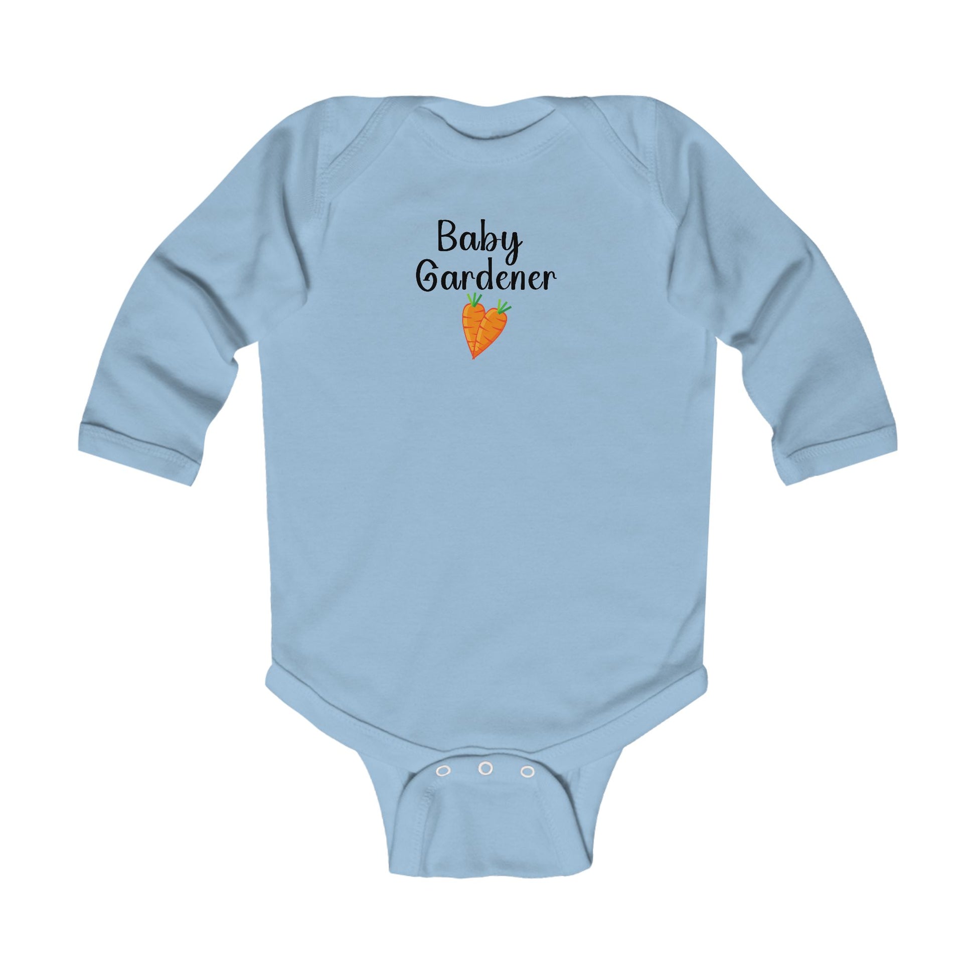 Light blue baby onesie with 'Baby Gardener' text and carrot graphic on a white background