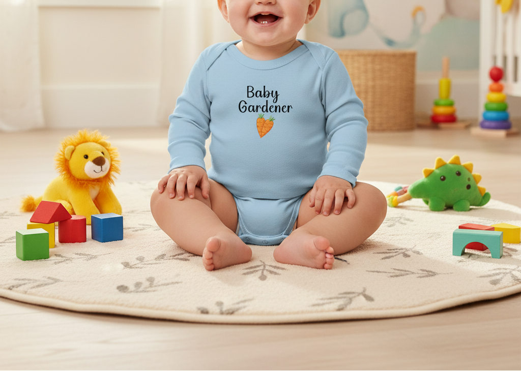 Baby wearing a blue 'Baby Gardener' onesie sitting on a rug with toys around.
