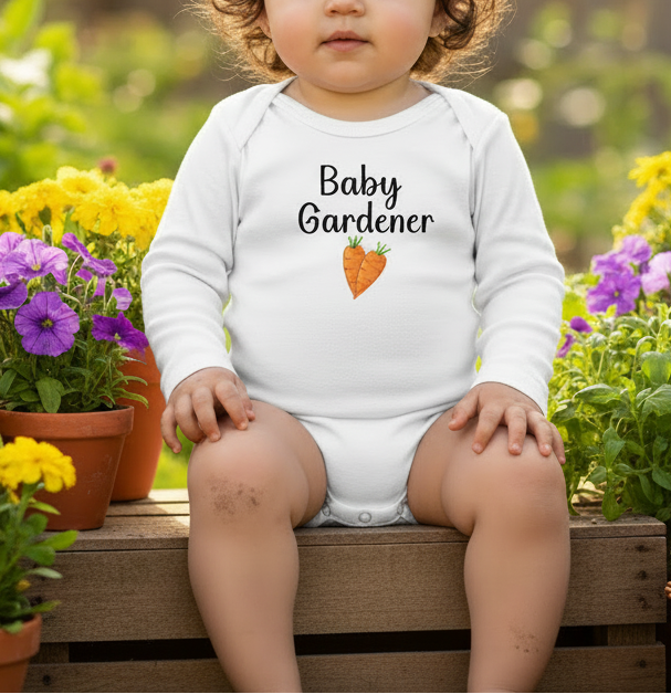 Child wearing a 'Baby Gardener' onesie sitting among flowers