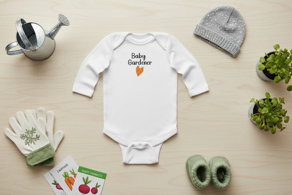 White baby onesie with 'Baby Gardener' text and carrot graphic on a white background