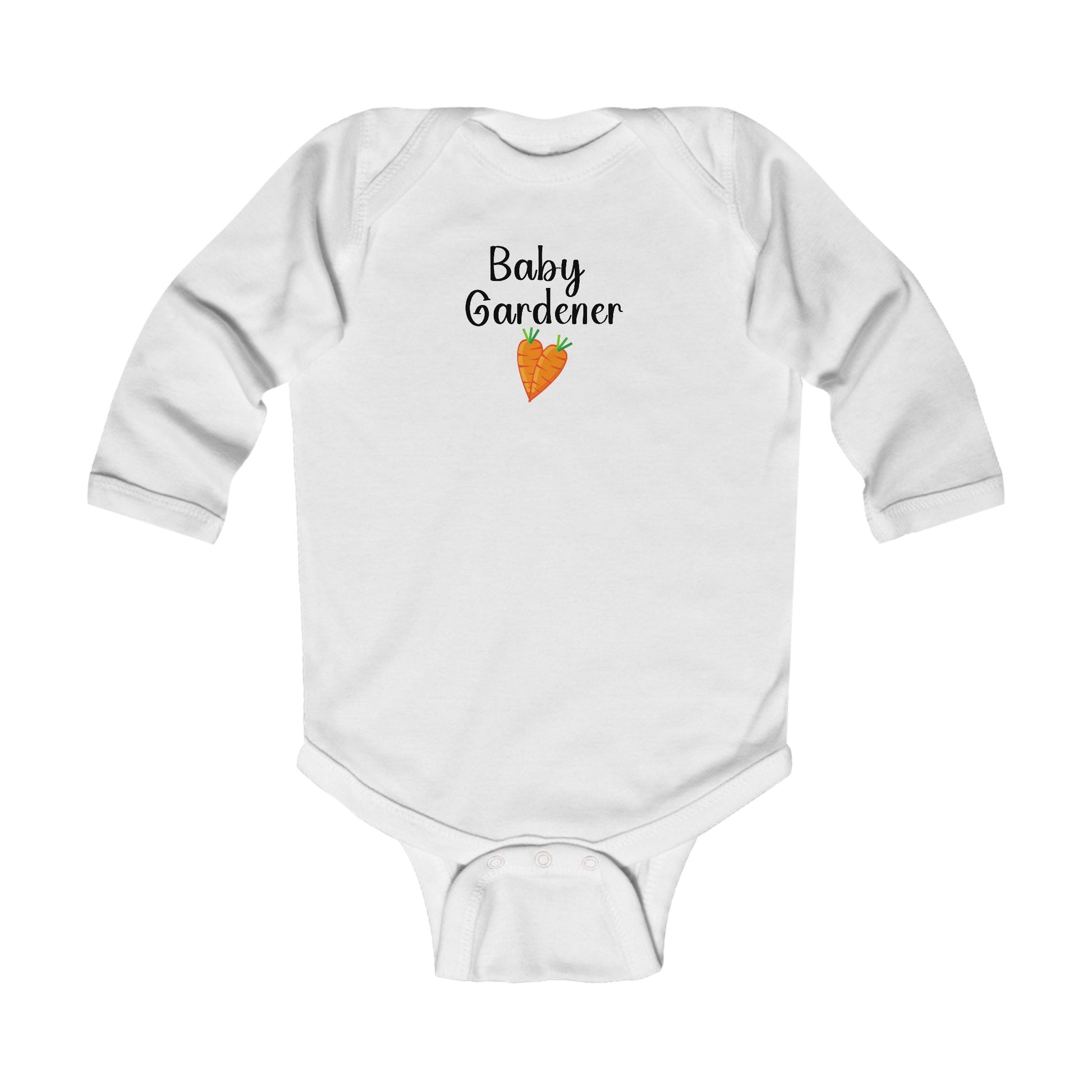 White baby onesie with 'Baby Gardener' text and carrot graphic on a white background