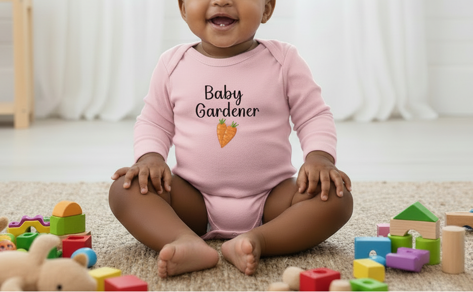 Baby in a pink 'Baby Gardener' onesie surrounded by toys on a carpeted floor.