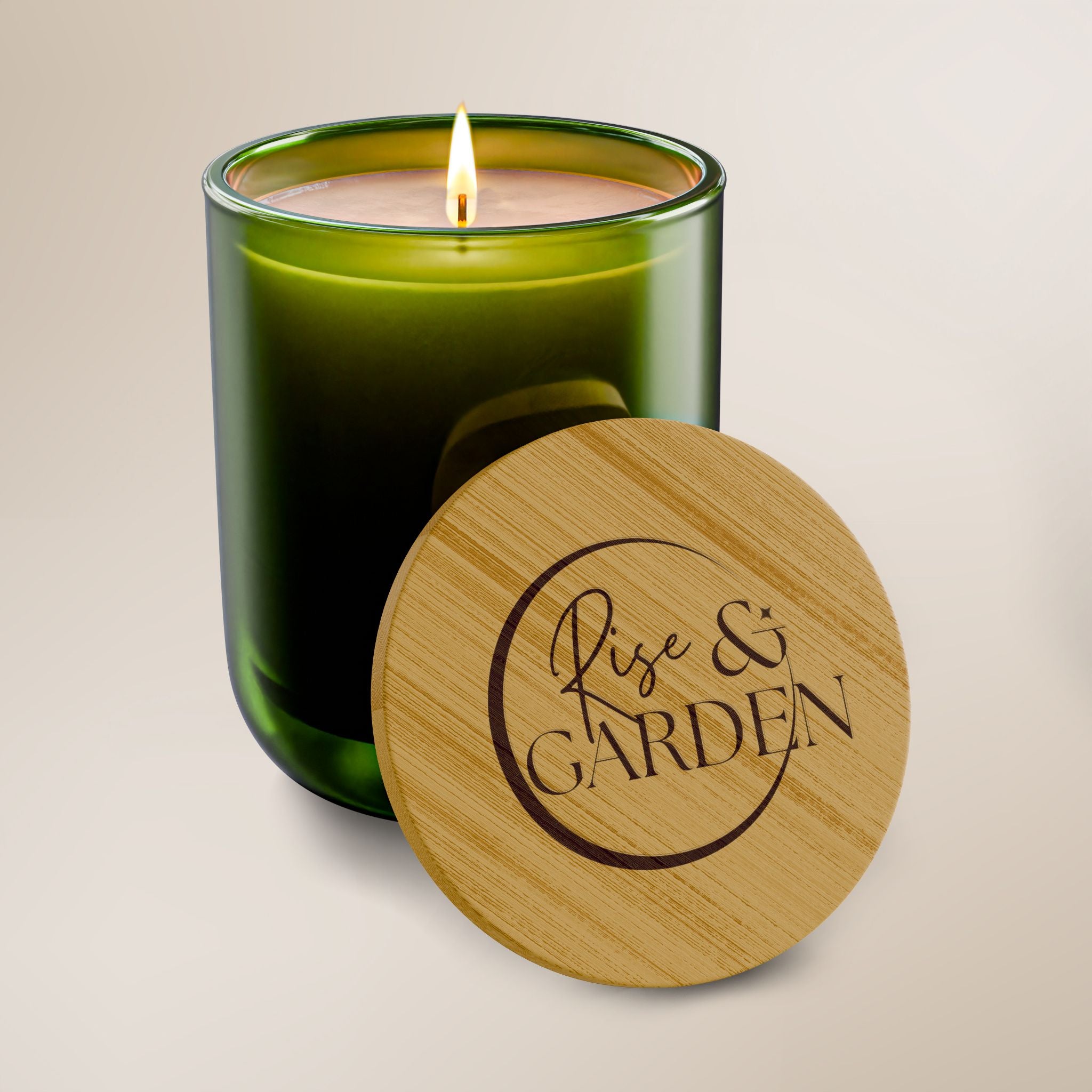 Green candle with wooden lid featuring 'Rise & Garden' on a beige background