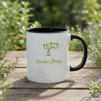 White mug with black interior and handle, featuring a green tree logo and 'Garden Strong' text on a beige background.