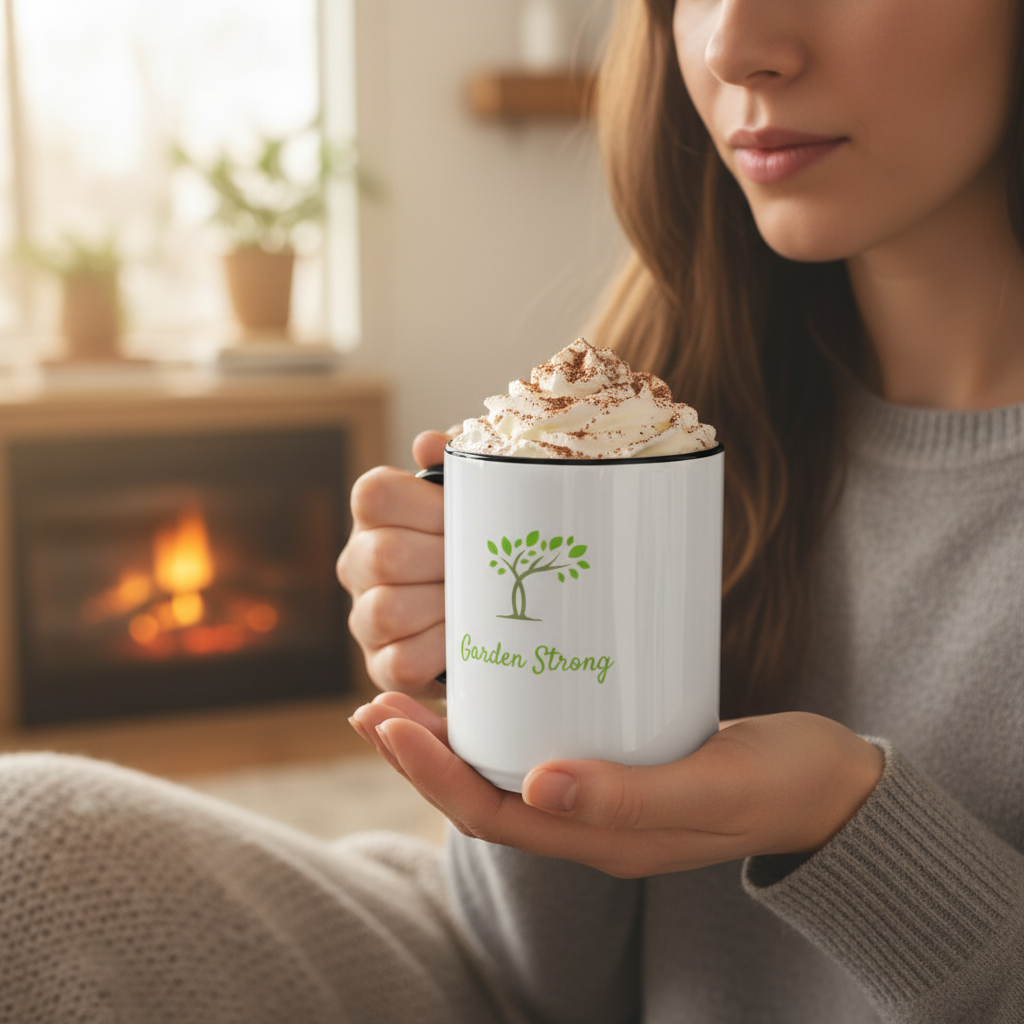 Person holding a mug with a visible brand logo in a cozy indoor setting