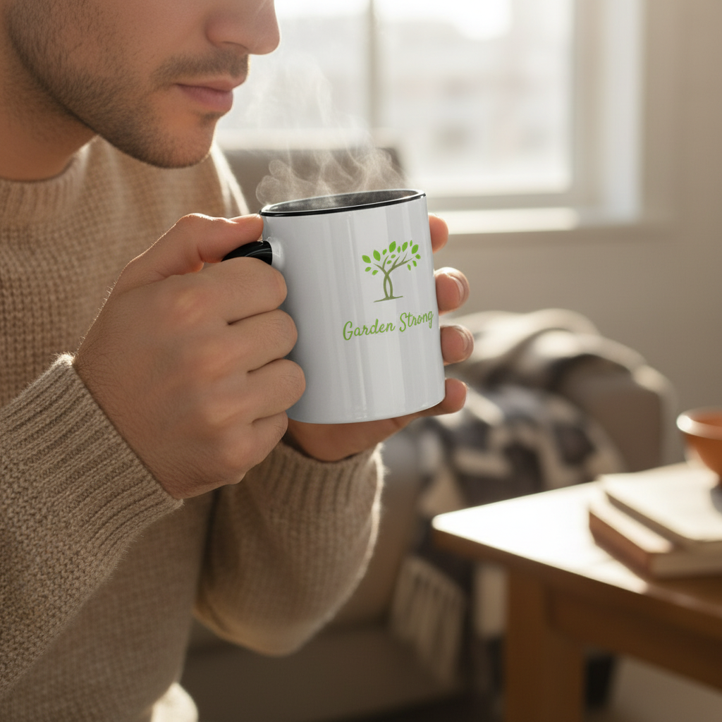 Person holding a mug with 'Garden Strong' logo in a cozy indoor setting