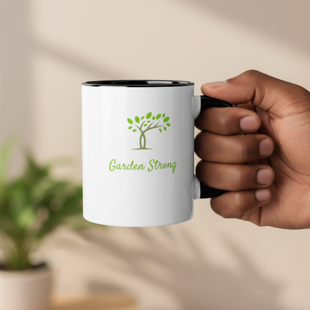 Hand holding a white mug with 'Garden Strong' logo, blurred plant in the background