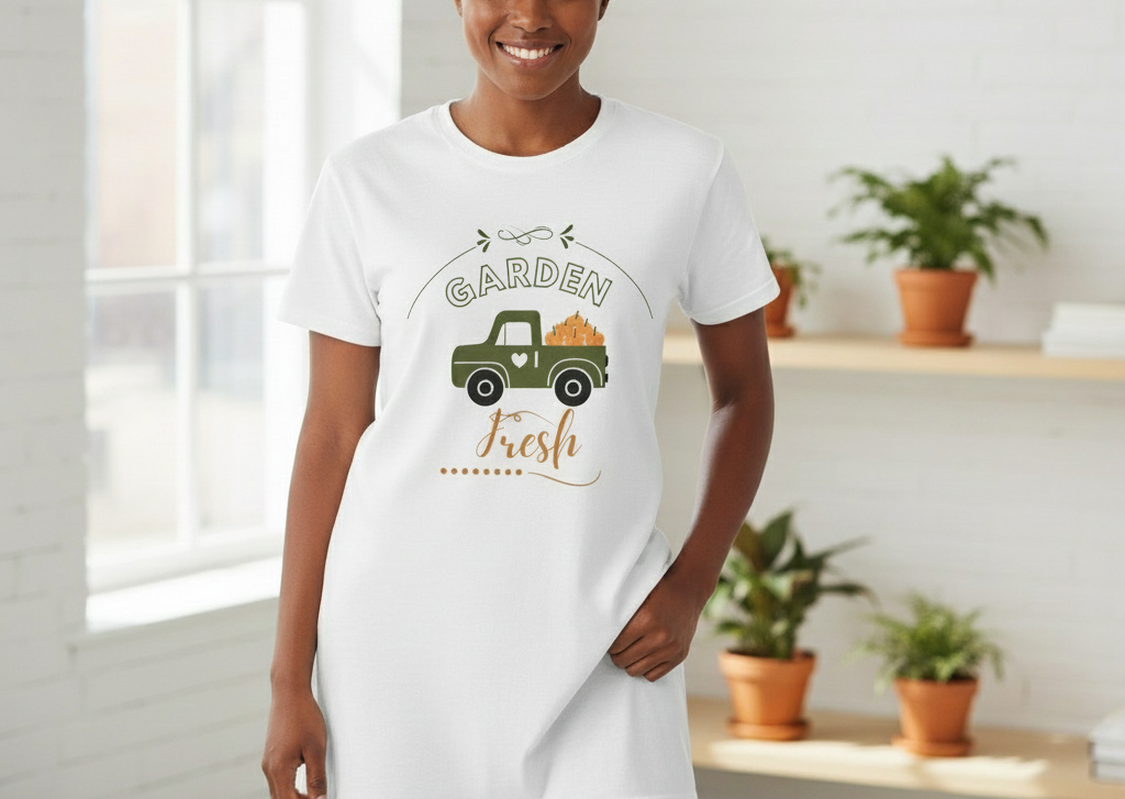 Person wearing a white t-shirt with a graphic design of a truck and pumpkins, standing in a room with plants.